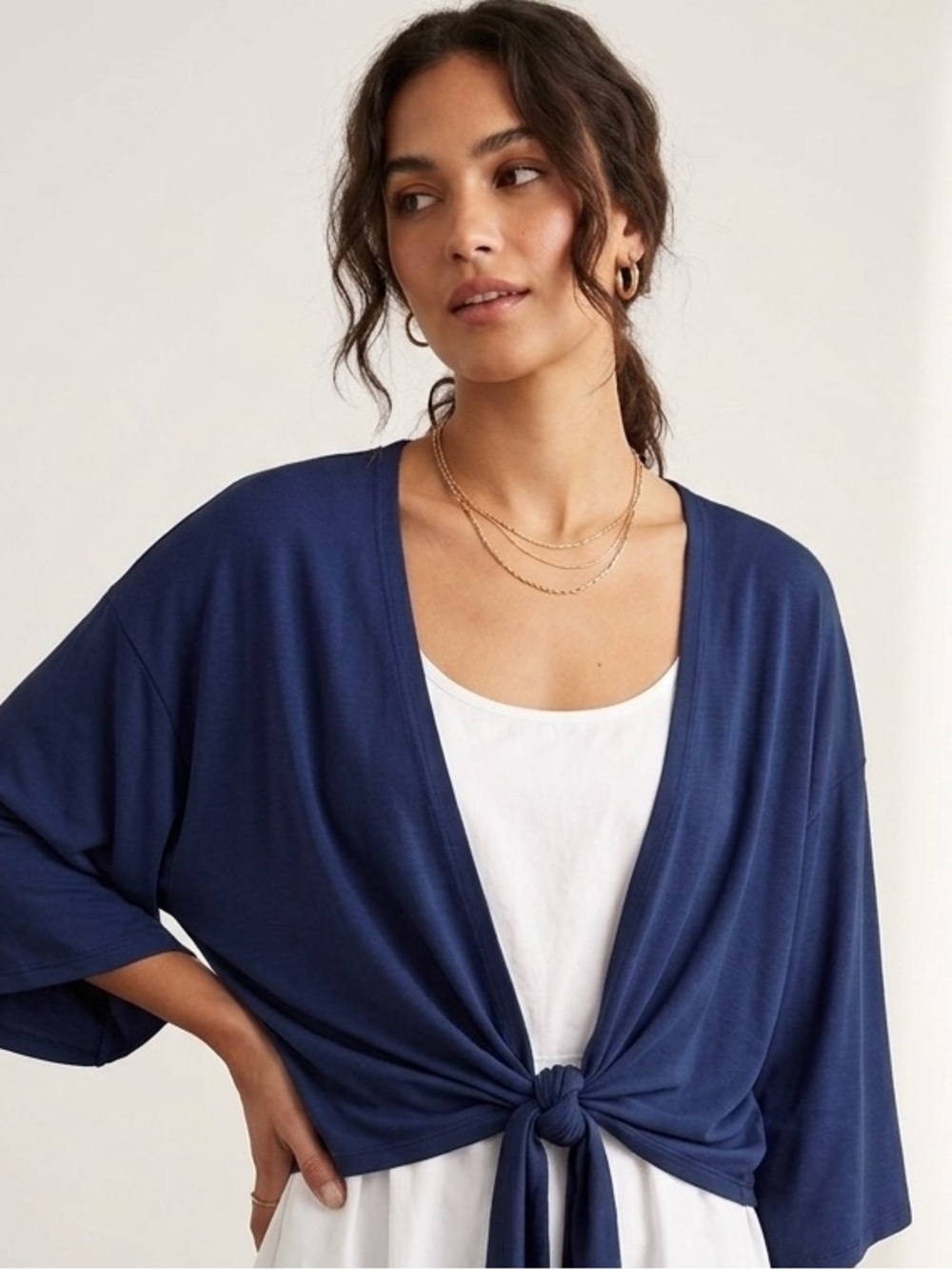 bobi Navy Blue Tie-Front Shrug Top